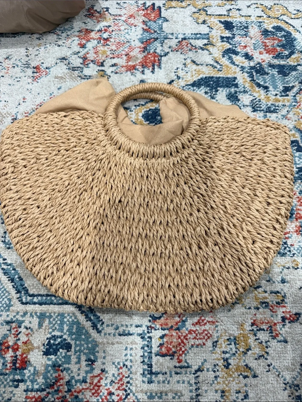 Woven Straw Circle-Handle Tote Bag in Natural Tan